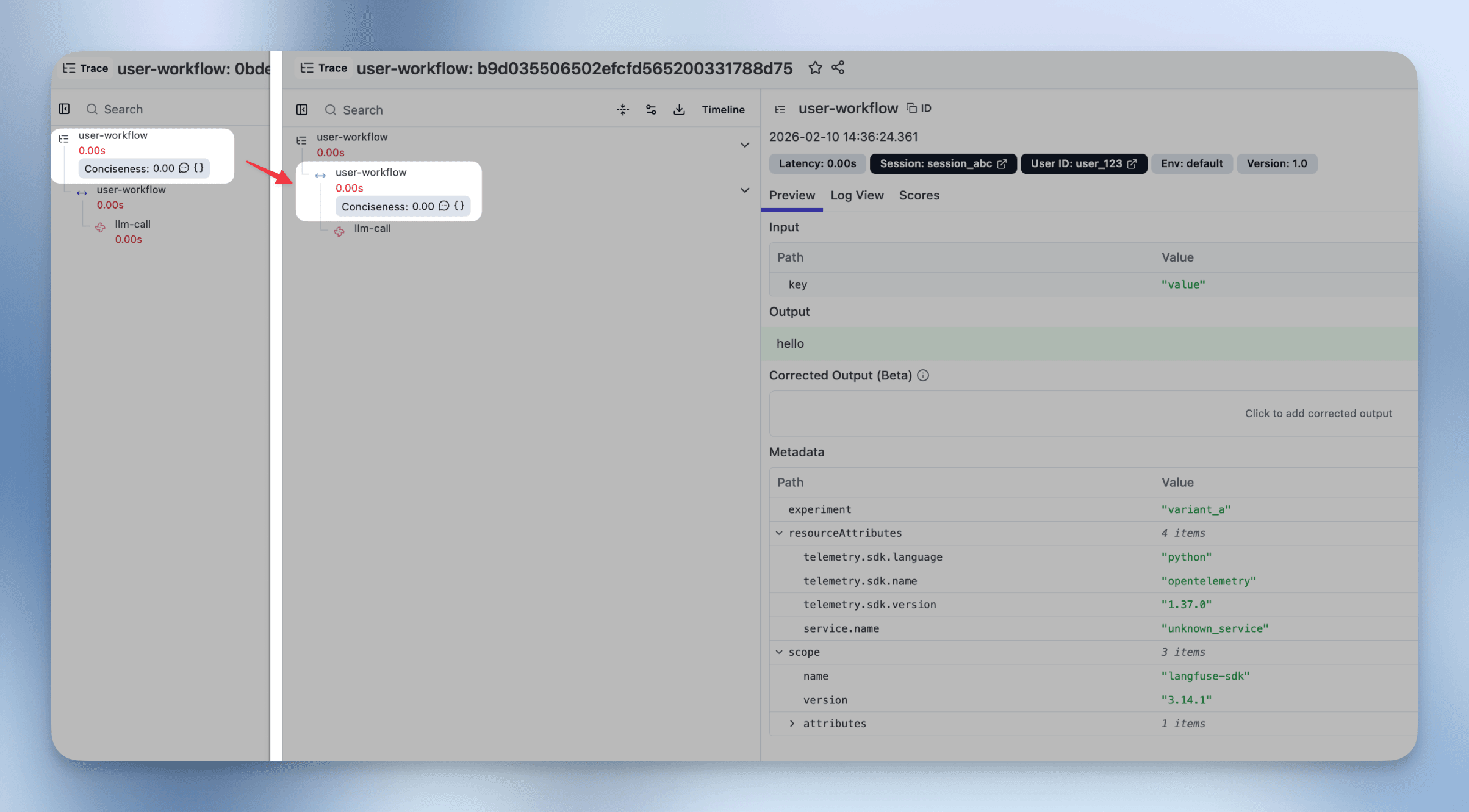 Before and after the upgrade: the evaluator score moves from the trace to the matched observation